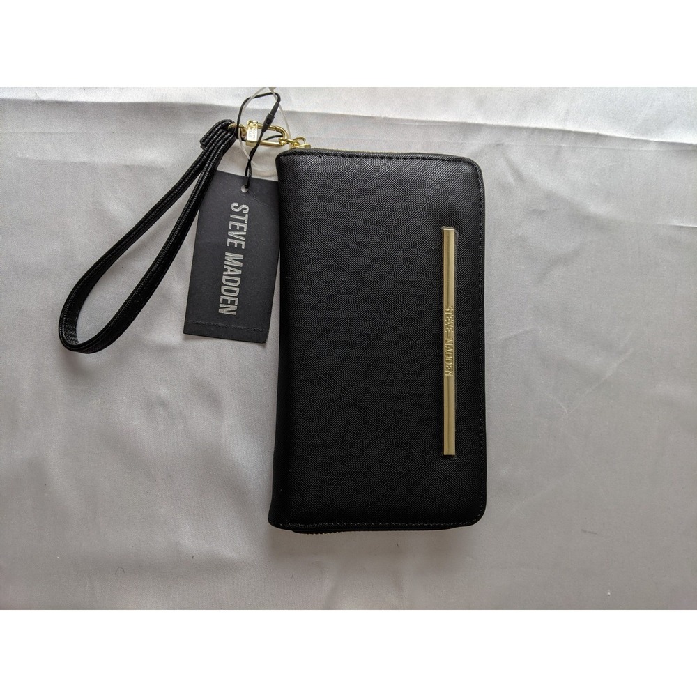 Steve Madden Black Saffiano Zip Around Wristlet Wallet Gold Logo New